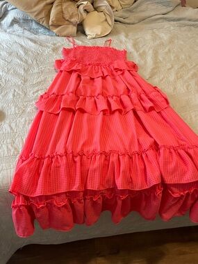 Bright Coral Ruffle gingham Tiered Sundress